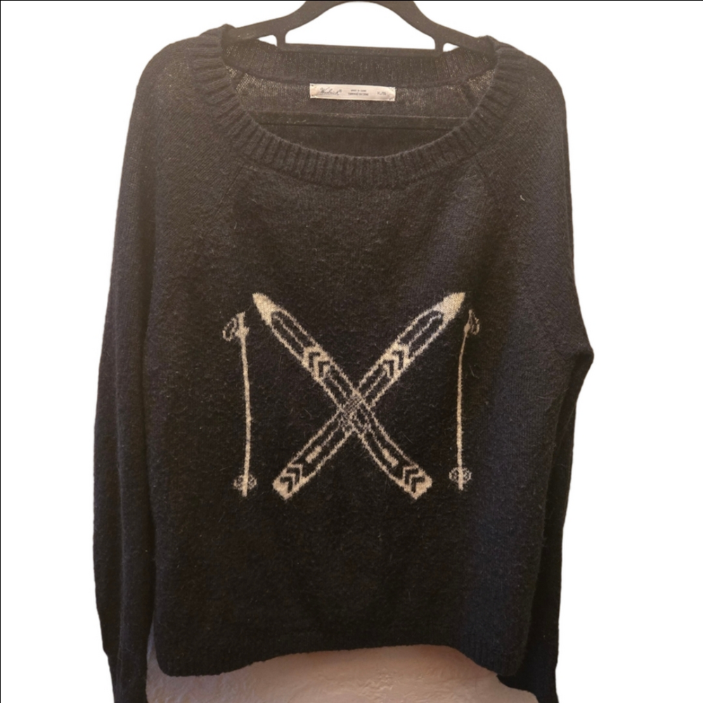 Woolrich Black Ski Sweater XL Crossed Skis Après Ski Alpine Wool Blend